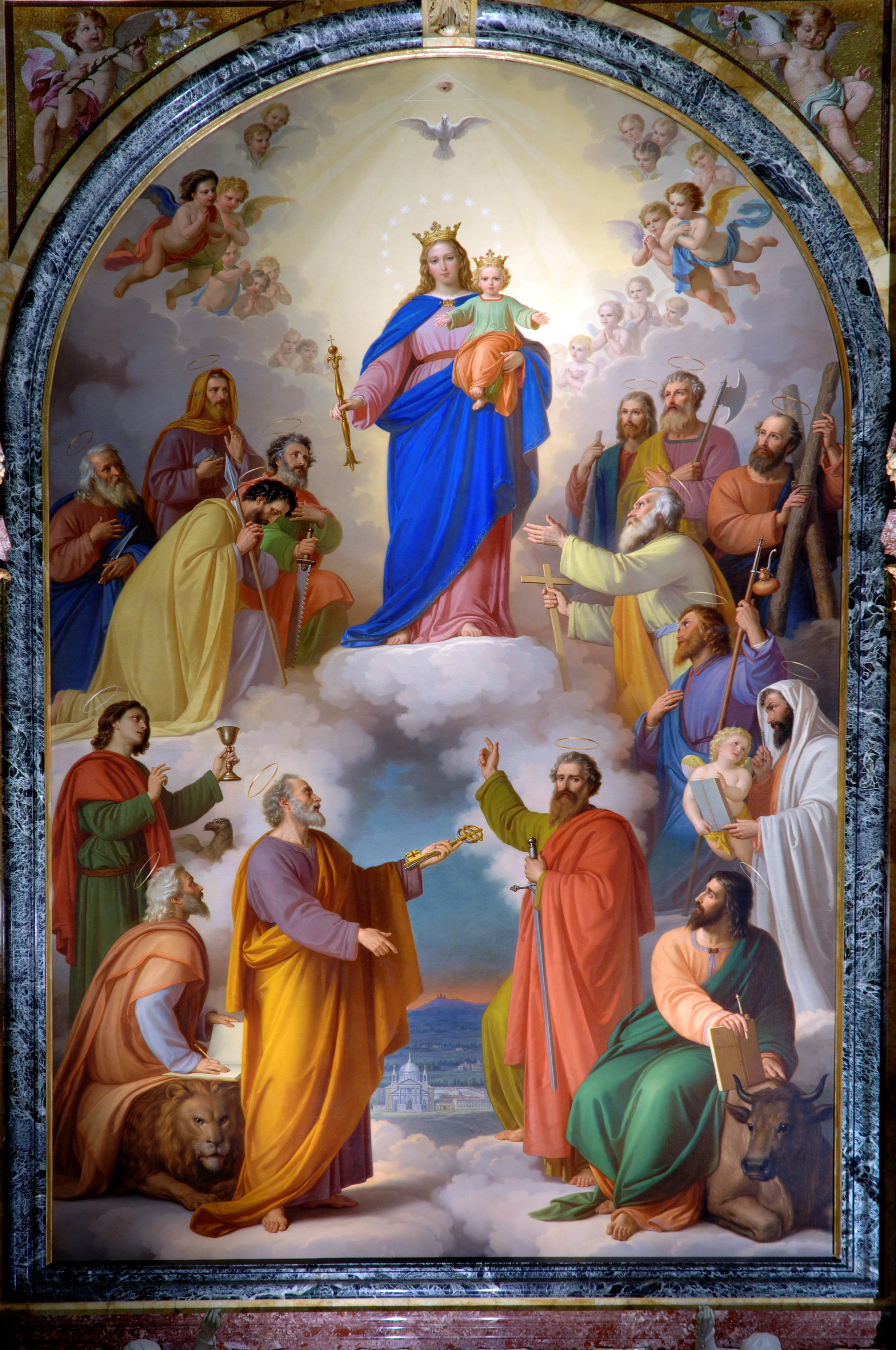 Cuadro de María Auxiliadora pintado en 1865 por Tomás Andrés Lorenzone (1824-1902), a pedido de Don Bosco. Se ubica en la Basílica de María Auxiliadora de Turín, Italia